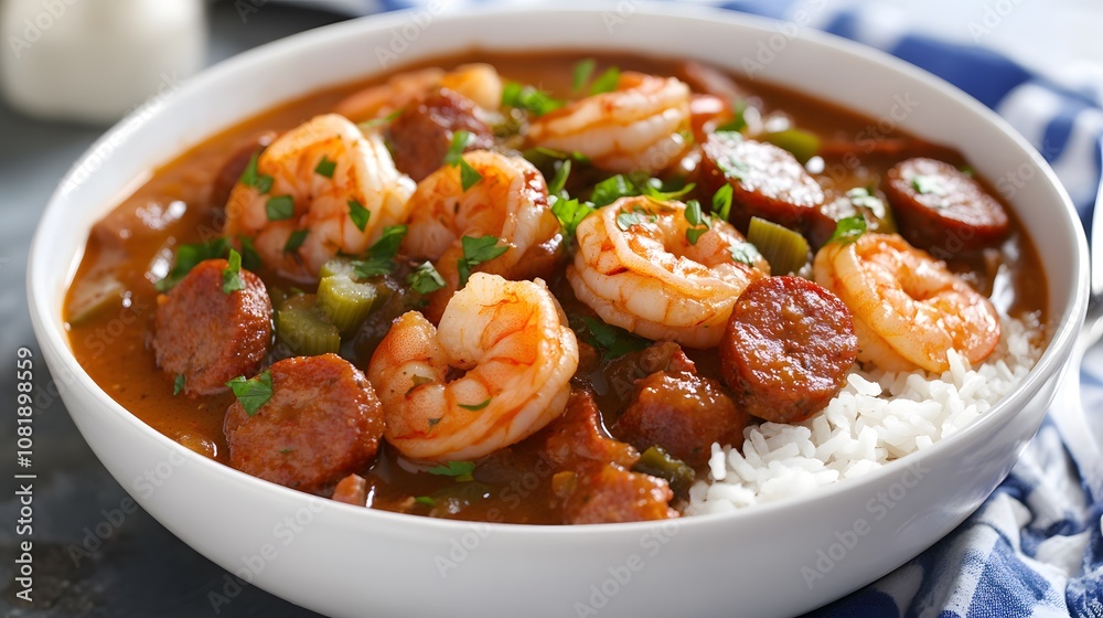 A bowl of New Orleans gumbo, spicy stew with shrimp, sausage, and okra served over rice.
A bowl of New Orleans gumbo, spicy stew with shrimp, sausage, and okra served over rice.