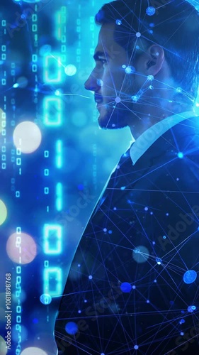 Business Professional with Futuristic Digital Network Overlay. Background. Seamless looping motion design. Video animation. Side profile of a business professional in a suit with a futuristic digital