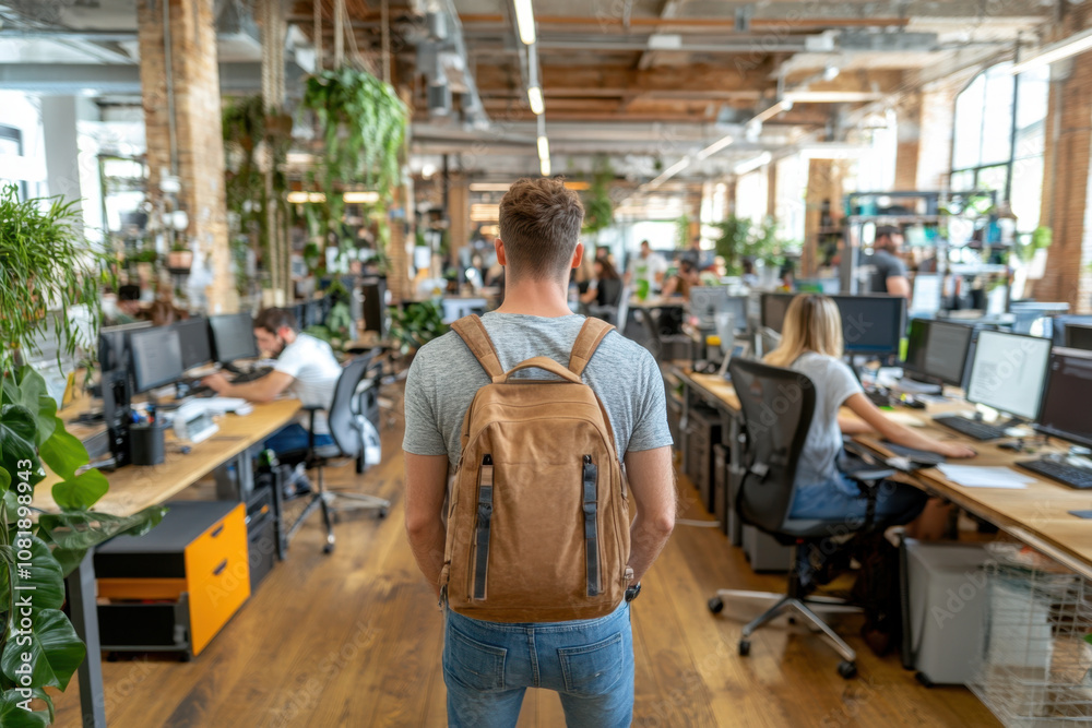 Workplace violence. A modern office environment with a person in a backpack, showcasing open workspaces and colleagues engaged in various tasks. Workplace violence. A modern office environment with a person in a backpack, showcasing open workspaces and colleagues engaged in various tasks.