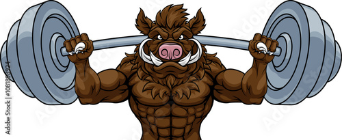 A boar razorback hog weight lifting gym animal sports mascot lifting a barbell