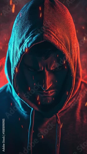 Mysterious Man in Hoodie with Dramatic Lighting Effect. Background. Seamless looping motion design. Video animation. A brooding man in a hoodie, illuminated by contrasting red and blue lights