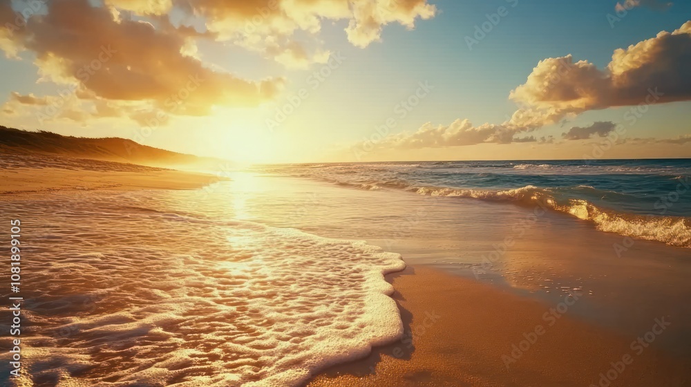 Fototapeta premium Golden Sunset Over a Sandy Beach with Gentle Waves