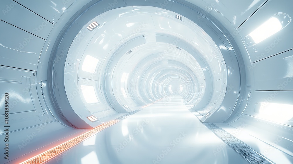 Futuristic white tunnel with bright light at the end. Concept of science fiction, technology, future, and innovation. Futuristic white tunnel with bright light at the end. Concept of science fiction, technology, future, and innovation.