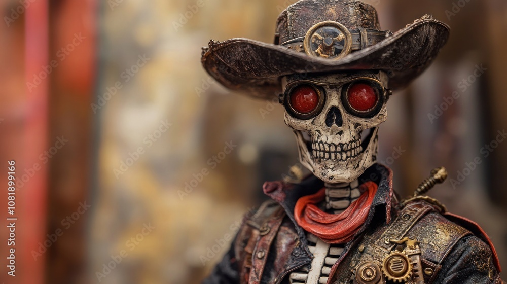 Obraz premium A close-up of a skeletal cowboy figurine wearing a hat, red bandana, and goggles.