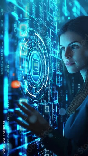 Woman Interacting with Futuristic Digital Interface Display. Background. Seamless looping motion design. Video animation. A woman stands in front of a glowing digital screen, interacting with high