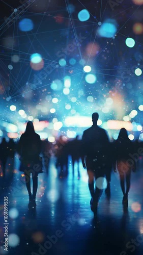 Abstract Silhouette of People Walking Under City Lights. Background. Seamless looping motion design. Video animation. Blurred silhouette of people walking in a bustling city evening under abstract