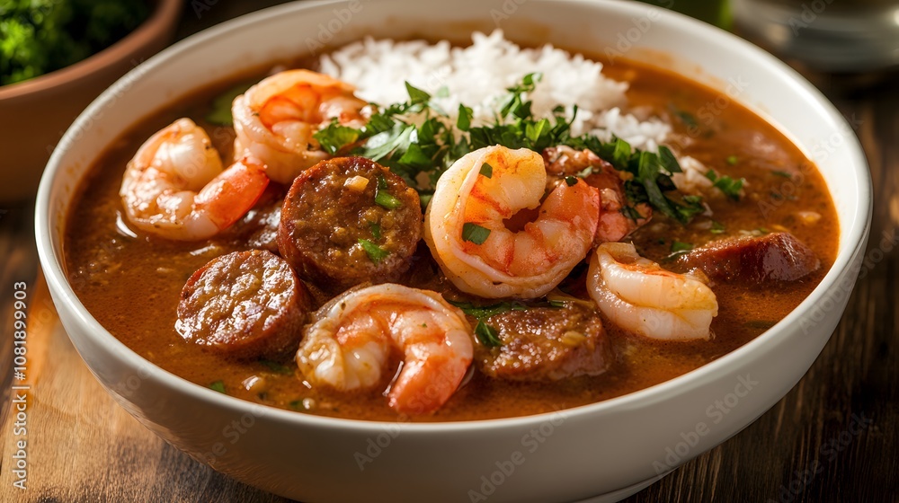 A bowl of New Orleans gumbo, spicy stew with shrimp, sausage, and okra served over rice.
A bowl of New Orleans gumbo, spicy stew with shrimp, sausage, and okra served over rice.