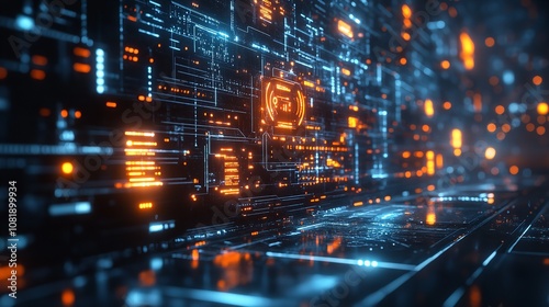 Highlighting a digital circuit board system with glowing orange lights, showcasing a sophisticated network of technology