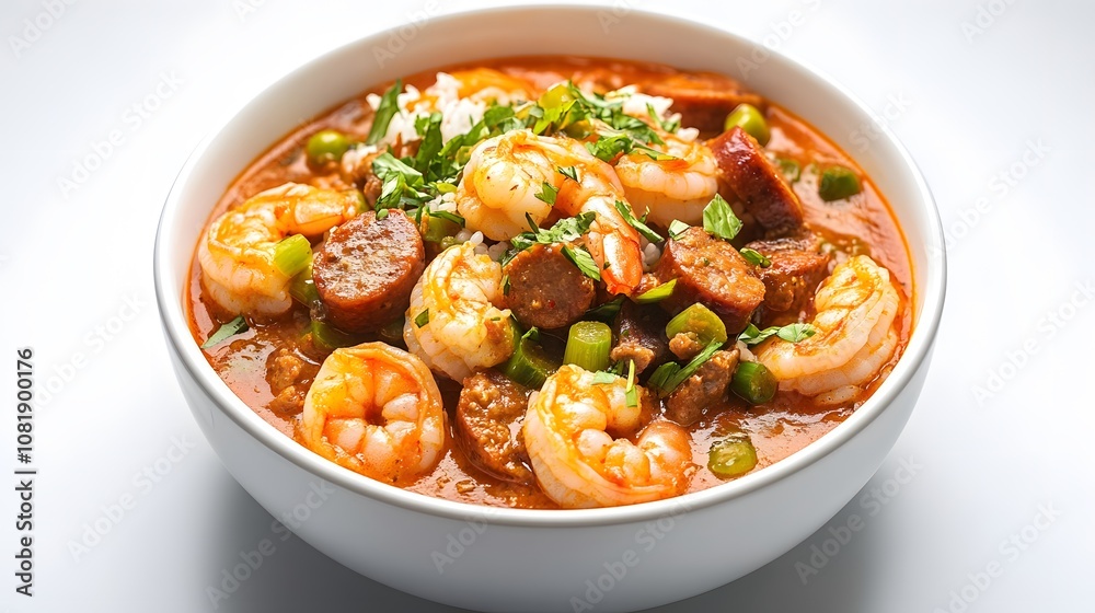 A bowl of New Orleans gumbo, spicy stew with shrimp, sausage, and okra served over rice.
A bowl of New Orleans gumbo, spicy stew with shrimp, sausage, and okra served over rice.