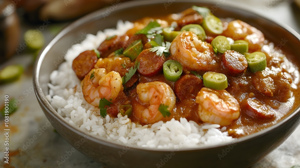 A bowl of New Orleans gumbo, spicy stew with shrimp, sausage, and okra served over rice.
A bowl of New Orleans gumbo, spicy stew with shrimp, sausage, and okra served over rice.