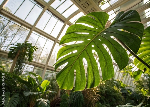 Lush Green Monstera Leaf in a Serene Greenhouse Setting, Showcasing Natural Beauty and Tropical Vibes for Food Photography Inspiration