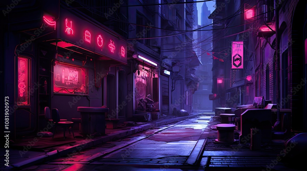 Luminous neon lights illuminating dark alley Luminous neon lights illuminating dark alley