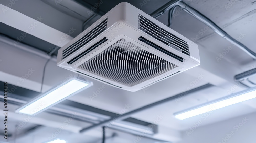Modern Ceiling-Mounted Air Conditioner Unit in a Commercial Setting Modern Ceiling-Mounted Air Conditioner Unit in a Commercial Setting