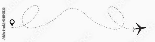  plane flight route. Airplane travel concept, symbol on isolated background.