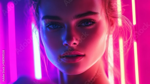 A neon light fashion shoot with a woman surrounded by bright neon colors, creating a modern and trendy portrait