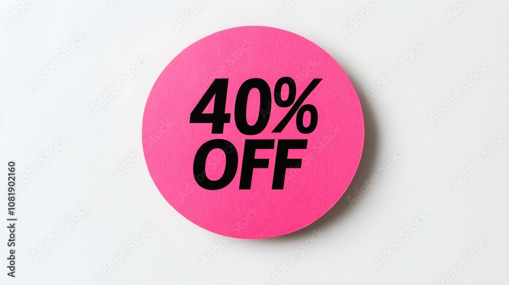 Black '40% OFF' Text on a Pink Round Paper Note. White Background with Copy Space Black '40% OFF' Text on a Pink Round Paper Note. White Background with Copy Space