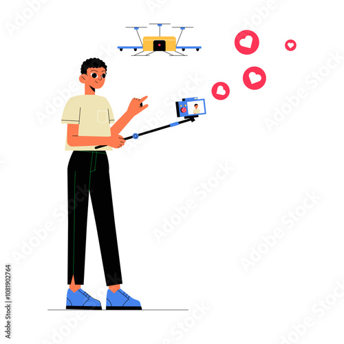 Male Content Creator Filming With Drone In Flat Vector Illustration Symbolizing Technology, Innovation, And Social Media Interaction, Isolated On White Background