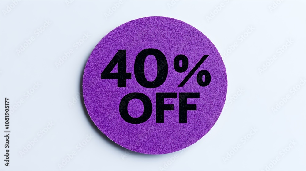 Black '40% OFF' Text on a Purple Round Paper Note. White Background with Copy Space Black '40% OFF' Text on a Purple Round Paper Note. White Background with Copy Space