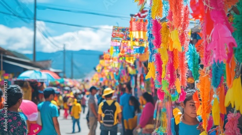 Colorful Decorations and People in a Festive Market