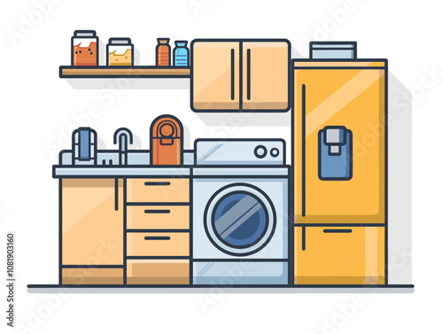 Kitchen interior with fridge, stove and oven. Vector illustration.