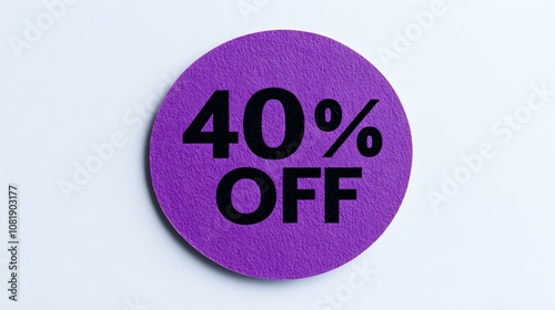 Black '40% OFF' Text on a Purple Round Paper Note. White Background with Copy Space