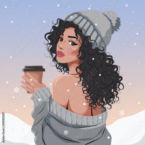 A beautiful sexy young woman with long curly hair, wearing a knitted sweater and a warm winter hat, holds a glass of coffee in her hand. Flat vector illustration. 
