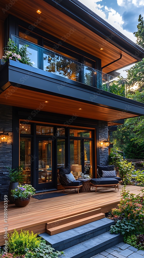 Obraz premium Cozy outdoor patio with rustic wooden decor and refreshing greenery surrounding picture