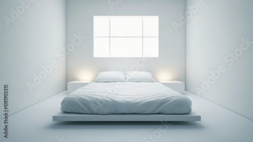 Minimalist Bedroom Design with White Walls, Soft Bedding, and Large Window for Natural Light in a Spacious Interior
