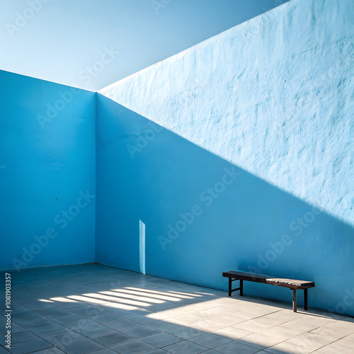 Minimalistic blue interior with a bench and dramatic light shadows photo