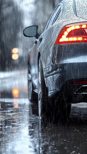 Sleek Car Driving on Wet Rainy Urban Street. Background. Seamless looping motion design. Video animation. A sleek, modern car driving on a rain-soaked city street, featuring glowing taillights and