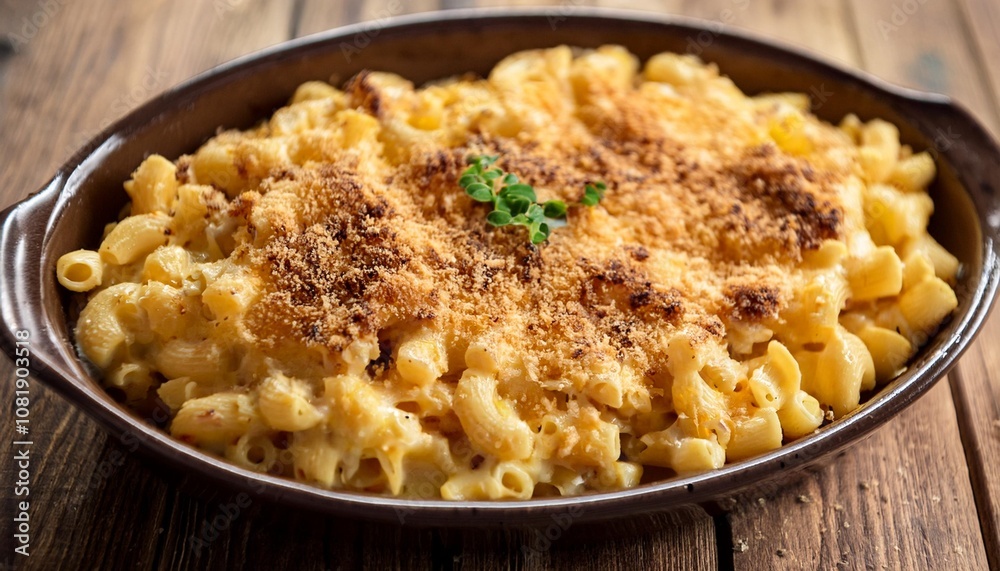 Rich and Creamy Mac and Cheese Baked to Perfection, Topped With a Golden Crust of Breadcrumbs and Parmesan, Served in a Ceramic Dish on a Rustic Wooden Table Rich and Creamy Mac and Cheese Baked to Perfection, Topped With a Golden Crust of Breadcrumbs and Parmesan, Served in a Ceramic Dish on a Rustic Wooden Table
