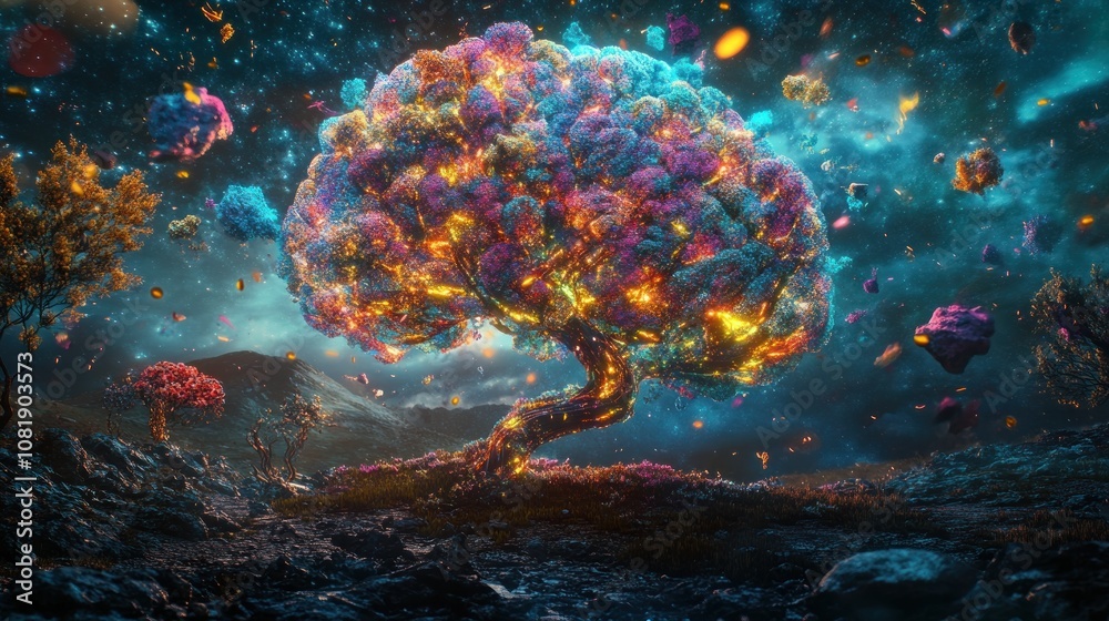 A vibrant, surreal tree with glowing branches in a landscape filled with falling leaves and floating islands. A vibrant, surreal tree with glowing branches in a landscape filled with falling leaves and floating islands.