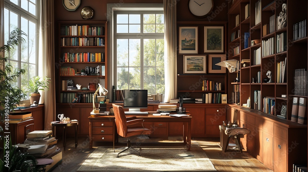 A well-lit home office with a large desk, comfortable leather chair, and bookshelves filled with books. A well-lit home office with a large desk, comfortable leather chair, and bookshelves filled with books.