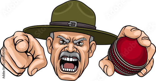 An angry drill instructor or sergeant bootcamp army soldier cartoon character holding cricket ball and pointing sports team mascot illustration.