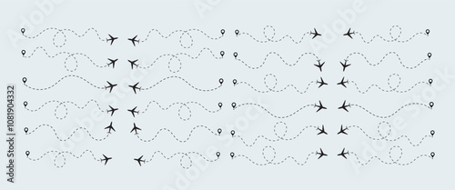  plane routes dotted paths aircraft travel route start point Flight route with start point and dash line
