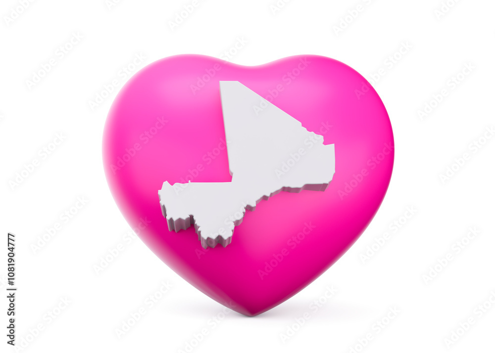 3d Pink Heart With 3d White Map Of Mali Isolated On White Background, 3d illustration 3d Pink Heart With 3d White Map Of Mali Isolated On White Background, 3d illustration