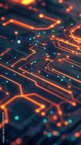 Futuristic Circuit Board with Glowing Orange and Blue Lights. Background. Seamless looping motion design. Video animation. Close-up of a high-tech circuit board, highlighted by vibrant orange and