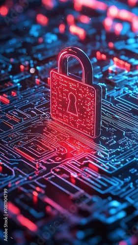 Cyber Security Concept with Digital Lock on Circuit Board. Background. Seamless looping motion design. Video animation. Futuristic digital lock symbolizing cyber security placed on a glowing circuit
