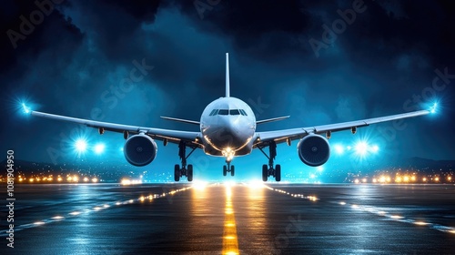 Dramatic Night Scene of a Modern Commercial Airplane Ready for Takeoff on a Runway with Bright Landing Lights Illuminating the Surrounding Area