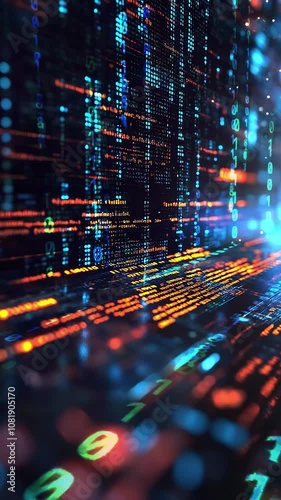 Dynamic Data Streams in a Digital Abstract Landscape. Background. Seamless looping motion design. Video animation. A futuristic digital abstract background featuring vibrant data streams and code.