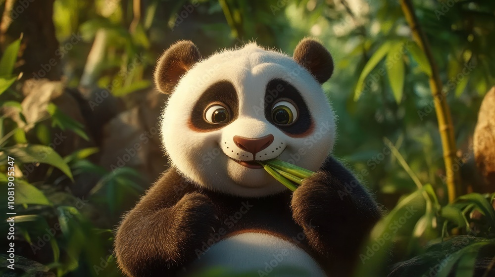Obraz premium Adorable Panda Bear Eating Bamboo Shoots in a Lush Green Forest