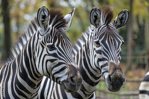 Two zebras with black and white stripes standing close together.