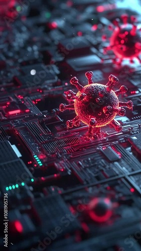 Digital Virus Concept with Computer Circuit Board Background. Background. Seamless looping motion design. Video animation. A digital representation of a virus on a computer circuit board, illustrating