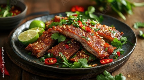 Crispy Roasted Pork Belly Served with Fresh Greens, Sliced Limes, and Vibrant Chili Peppers, Perfect for an Authentic Asian Culinary Experience