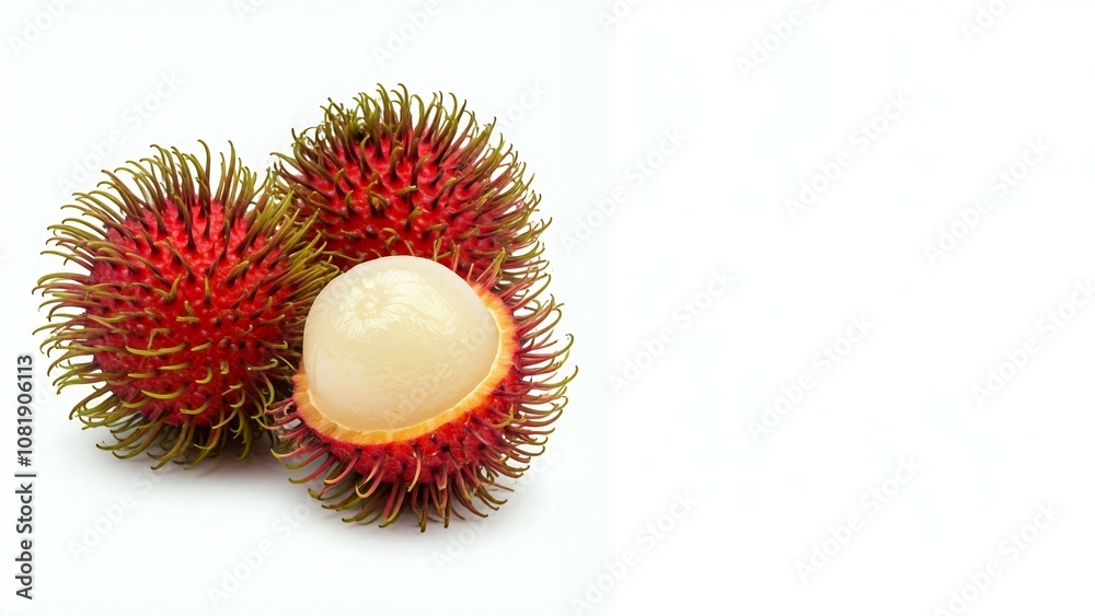 Three rambutan fruits, one peeled, on a white background. Three rambutan fruits, one peeled, on a white background.