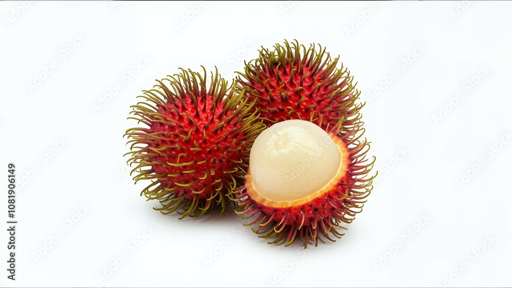 Three rambutan fruits, two intact and one peeled, on a white background. Three rambutan fruits, two intact and one peeled, on a white background.