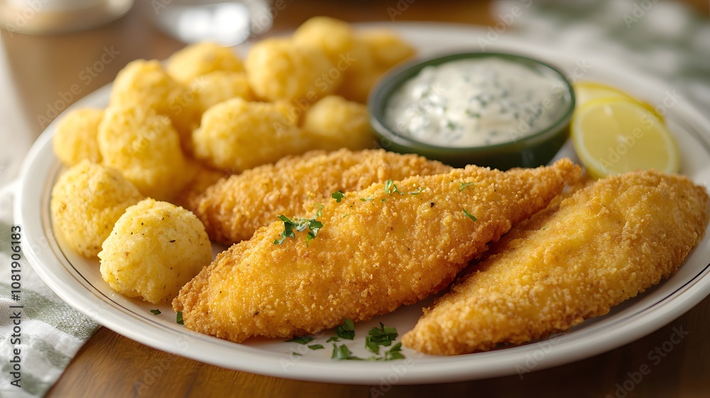 A plate of fried catfish, breaded and fried catfish fillets served with hush puppies and tartar sauce.
A plate of fried catfish, breaded and fried catfish fillets served with hush puppies and tartar sauce.