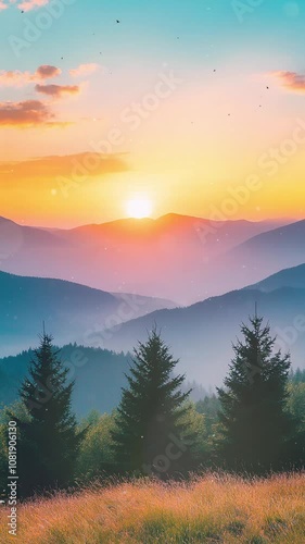 Serene Sunrise Over Misty Mountain Landscape With Trees. Background. Seamless looping motion design. Video animation. Beautiful sunrise over misty mountain ranges with pine trees in the foreground.