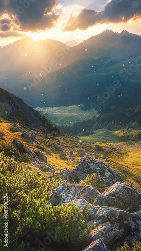 Breathtaking Mountain Landscape at Sunrise With Golden Light. Background. Seamless looping motion design. Video animation. Golden sunlight bathes a stunning mountain landscape at sunrise. The serene