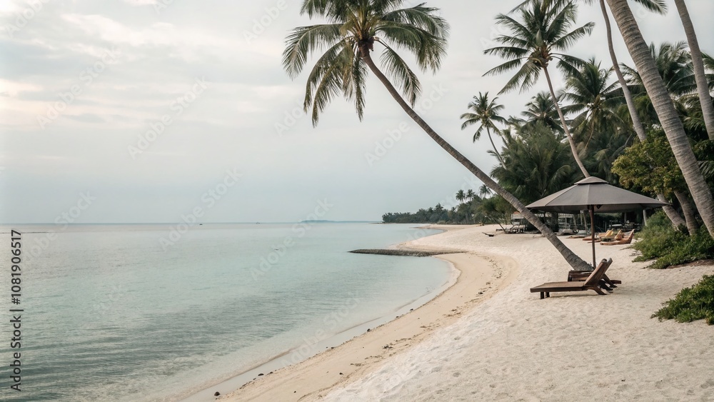 Fototapeta premium Minimalist Clipart Vacation Scenes: Tranquil Beach, Palm Trees, and Relaxation Illustrations for Serene Getaway Inspiration